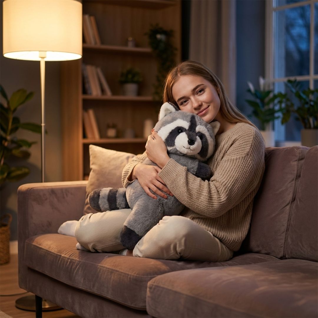 Woman sitting on a couch holding a plush raccoon toy in a cozy living room.