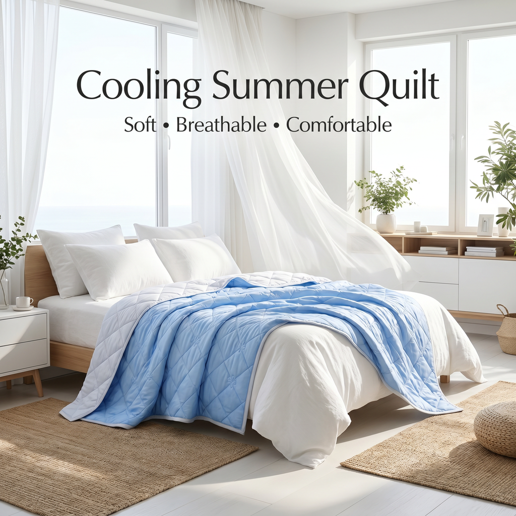 Blue cooling summer quilt on a bed in a bright room with large windows.