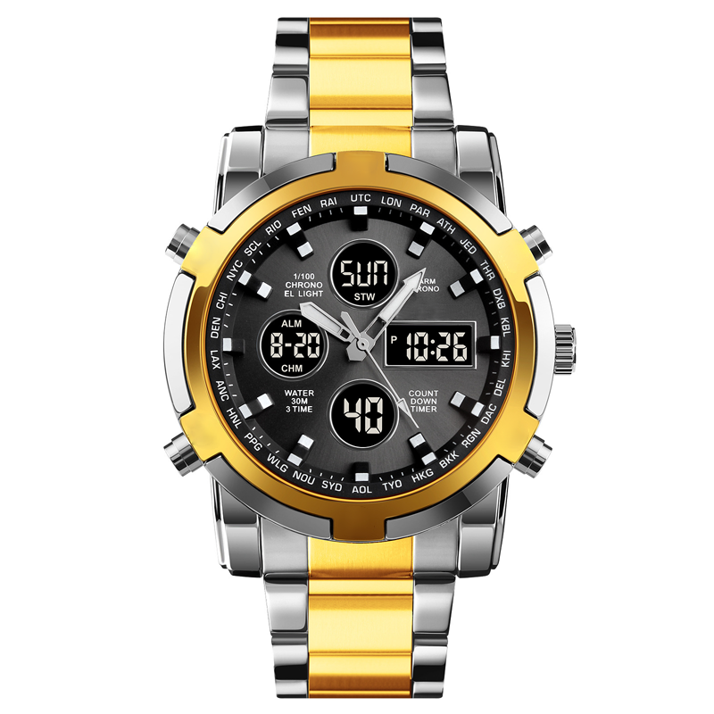 Gold and silver watch with digital display on a white background