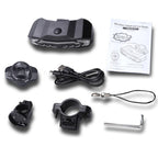 Collection of bike alarm components including a black device, power cable, strap, and mounting bracket on a white background.