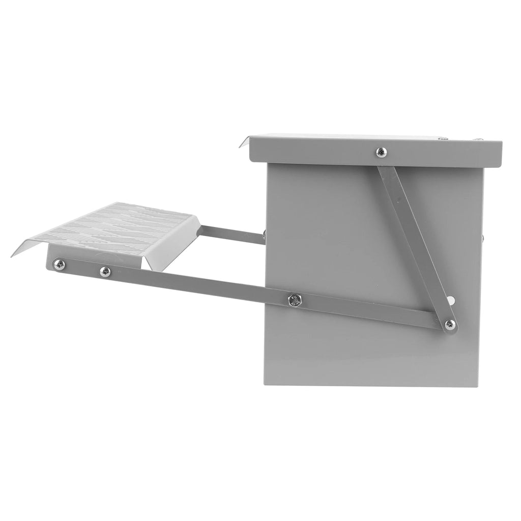 Gray metal bird feeder with a platform on a white background
