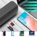 Collage of electronic devices including a smartphone, laptop, and speaker with connectivity features highlighted.
