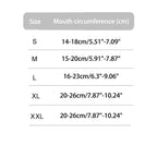 Size chart for mouth circumference with measurements in centimeters and inches.