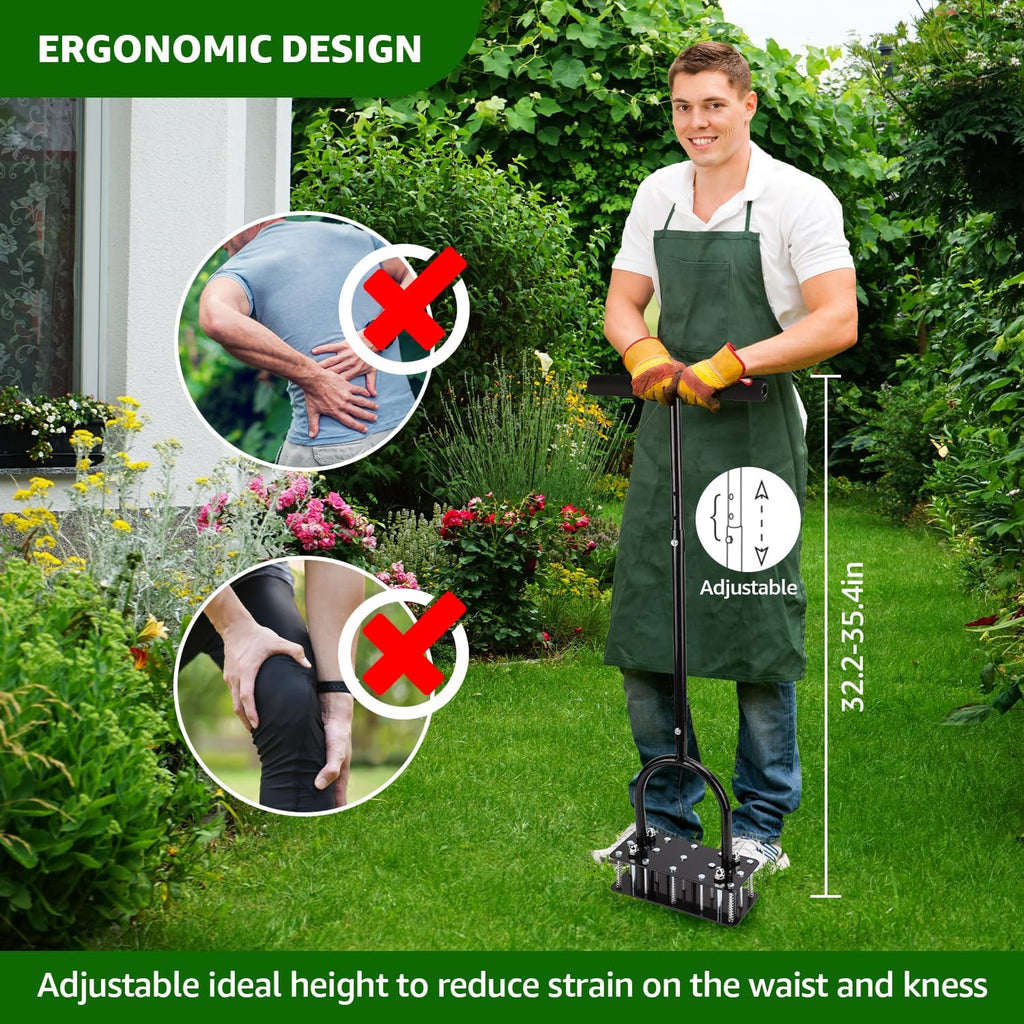 Man using a garden tool with ergonomic design features in a garden setting