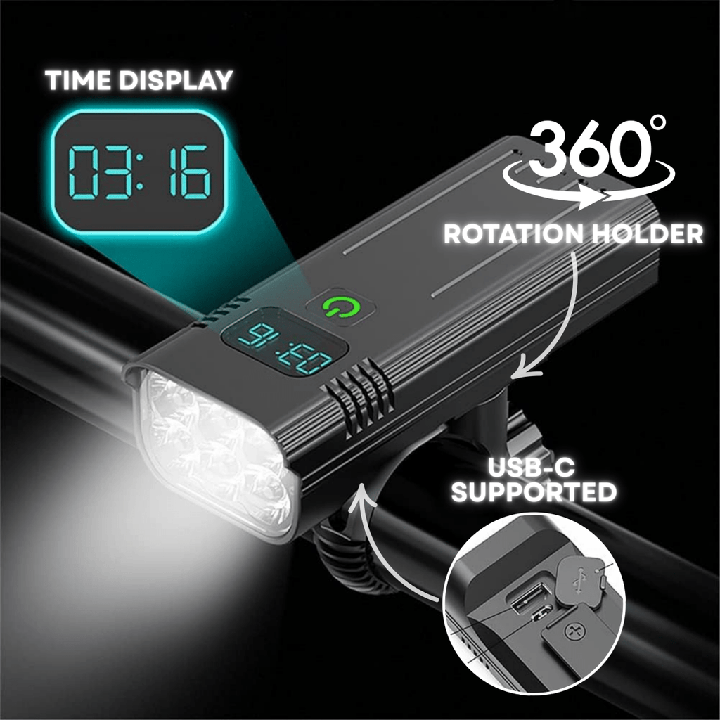 Bicycle light with digital display, 360-degree rotation holder, and USB-C support on a black background.