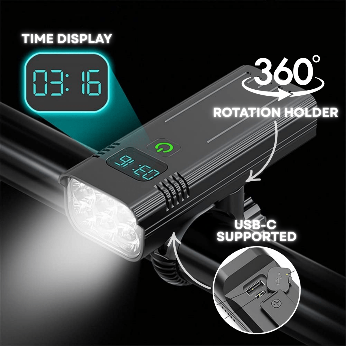 Bicycle light with digital display, 360-degree rotation holder, and USB-C support on a black background.