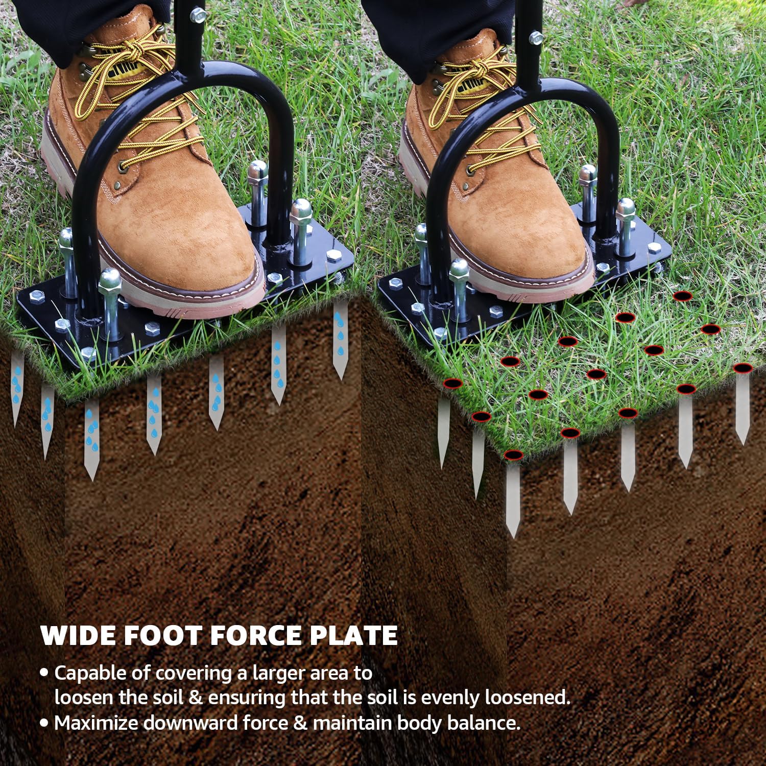 Person using a wide foot force plate on grass with text explaining its function.