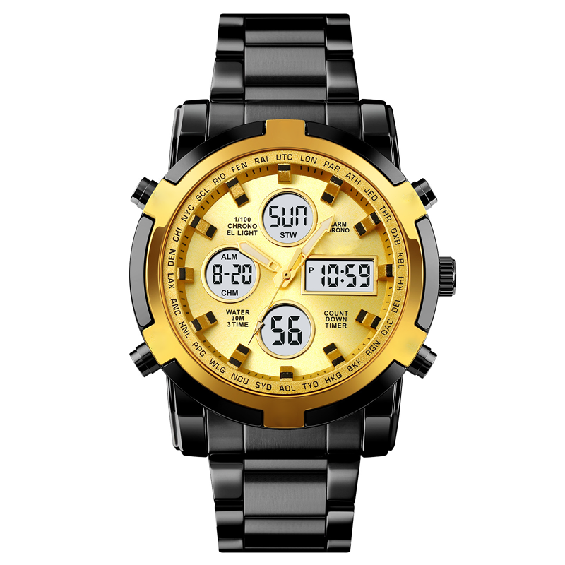 Gold and black watch with digital display on a white background