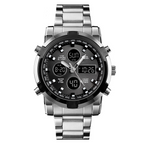 Silver wristwatch with black dial on a white background