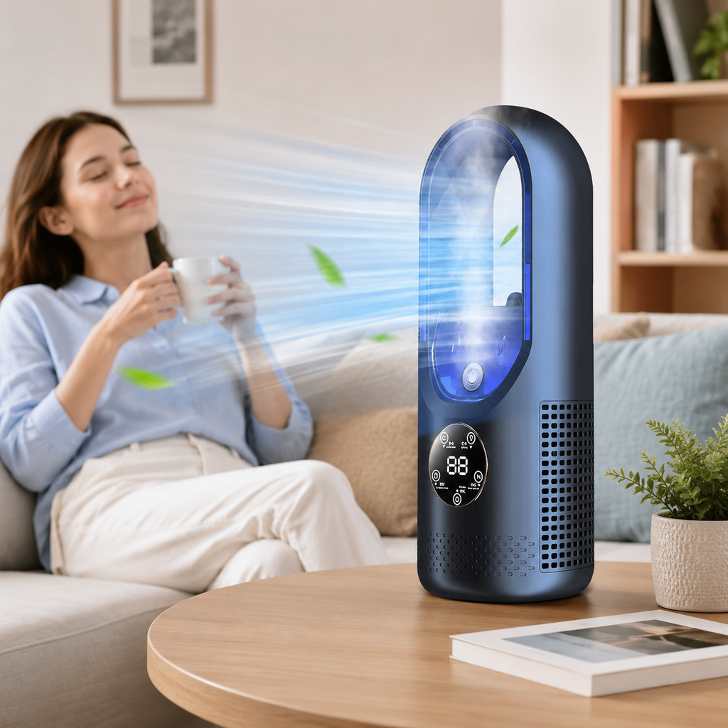 Woman sitting on a couch holding a mug with a black air purifier on a table in the foreground.
