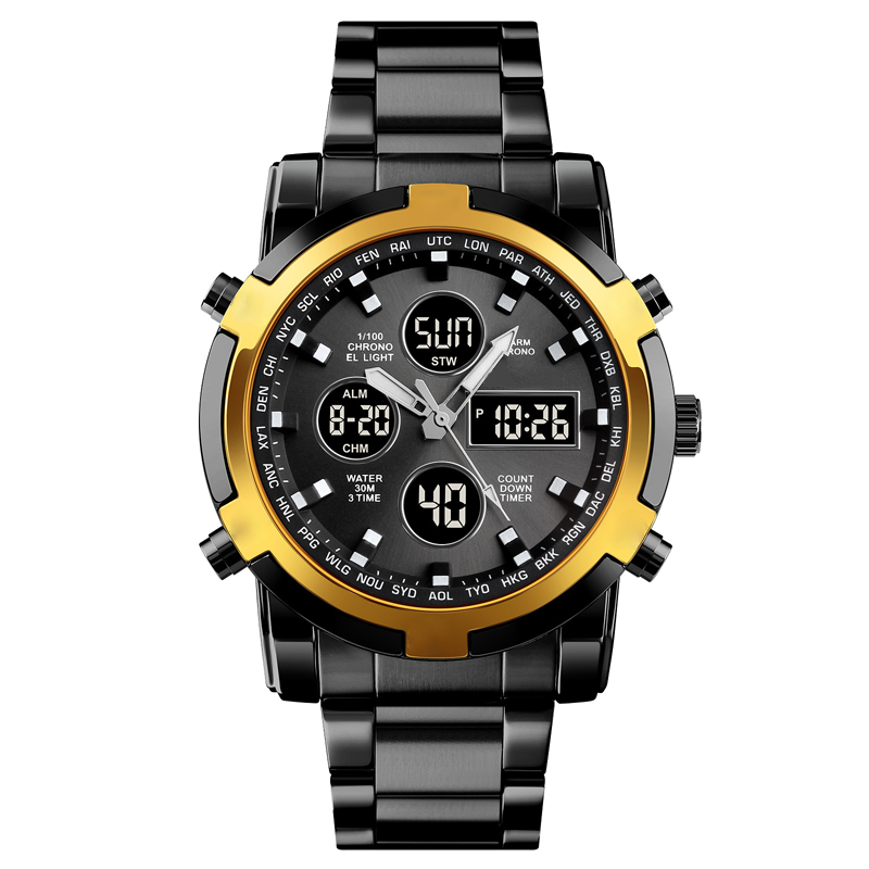 Black and gold digital wristwatch on a white background