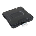 Black hard-shell carrying case with dimensions on a white background