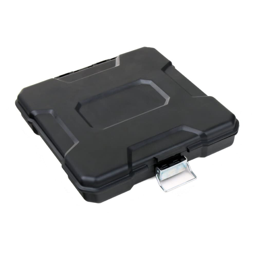 Black hard-shell carrying case with dimensions on a white background