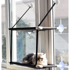 Cat lounging on a window-mounted hammock with a view of trees outside.