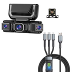 Car dashboard camera system with multiple cameras and USB cable on a white background