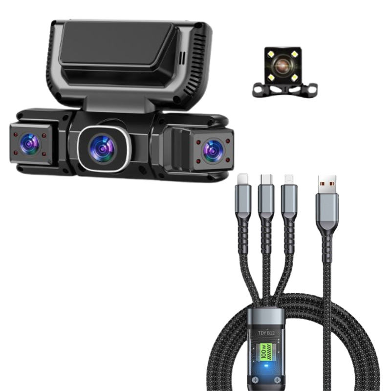 Car dashboard camera system with multiple cameras and USB cable on a white background