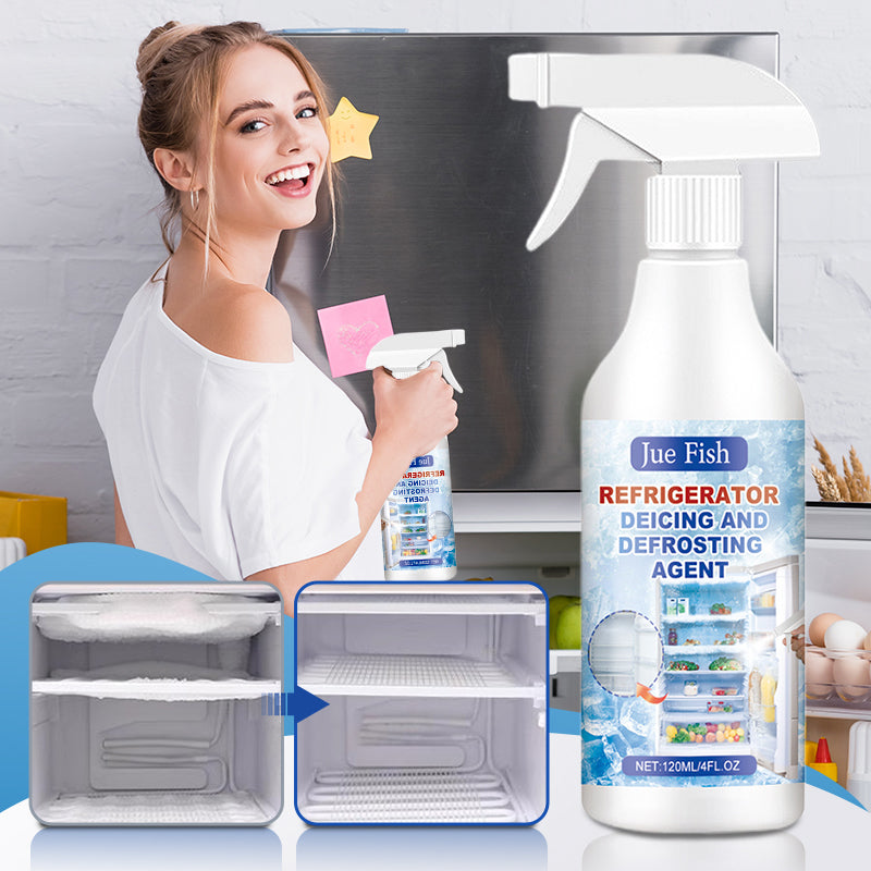 Woman holding a spray bottle with a refrigerator deicing and defrosting agent, surrounded by refrigerator parts.