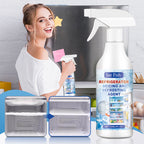Woman holding a spray bottle with a refrigerator deicing and defrosting agent, surrounded by refrigerator parts.