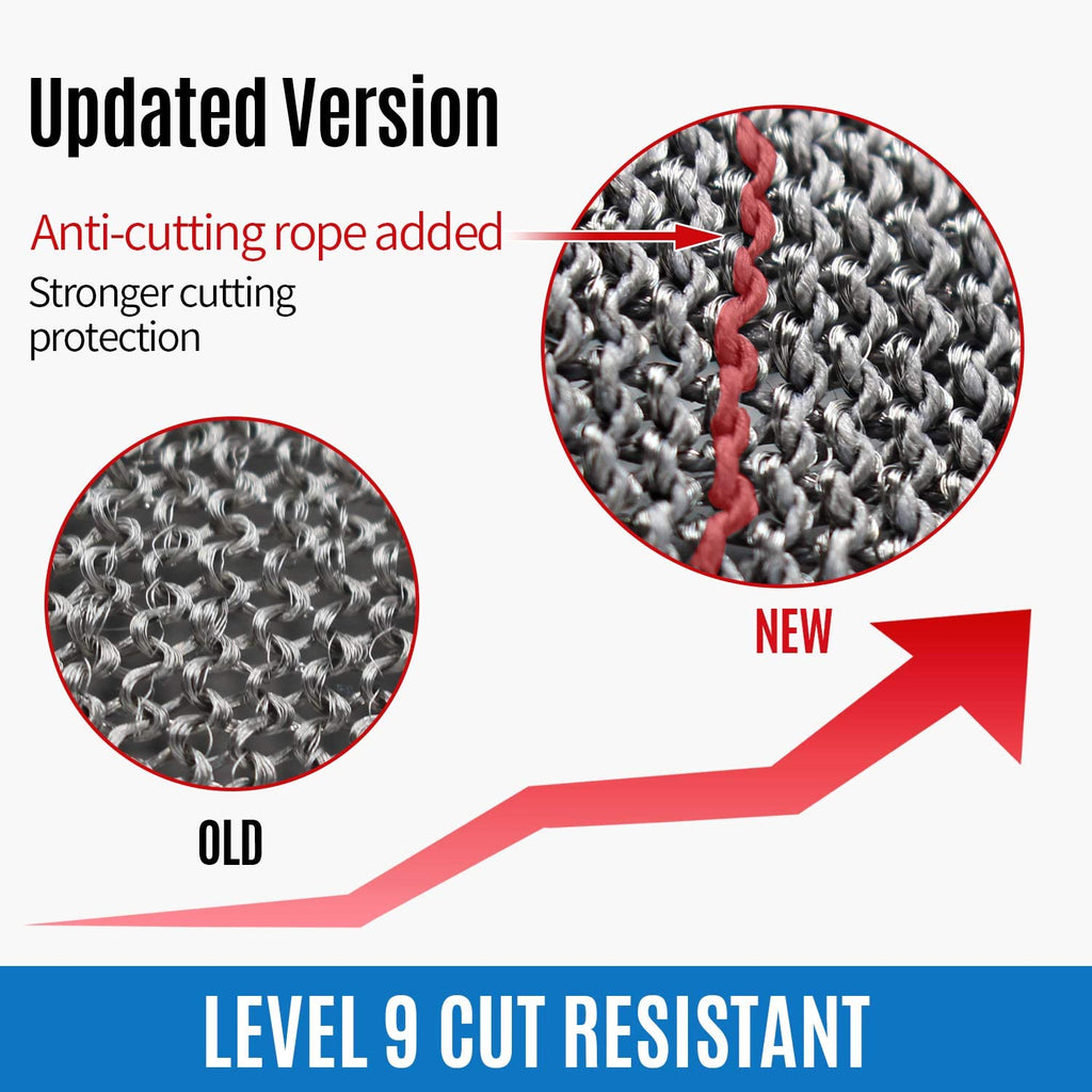 Comparison of old and new ISO-F cut resistant material with an arrow indicating improvement.