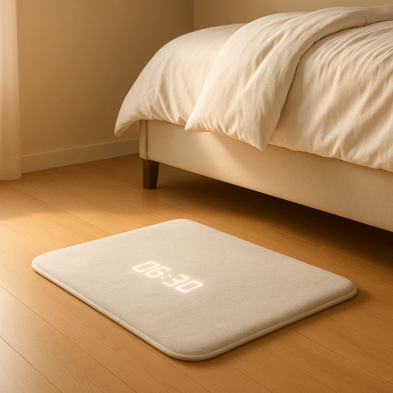 Beige bath mat on a wooden floor in front of a bed with beige bedding.