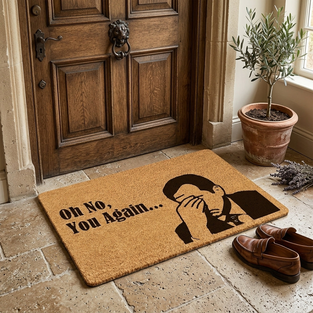 Doormat with humorous design and text in front of a wooden door.