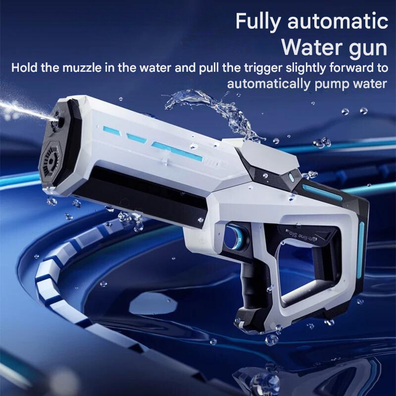 Fully automatic water gun with water splashes on a blue background