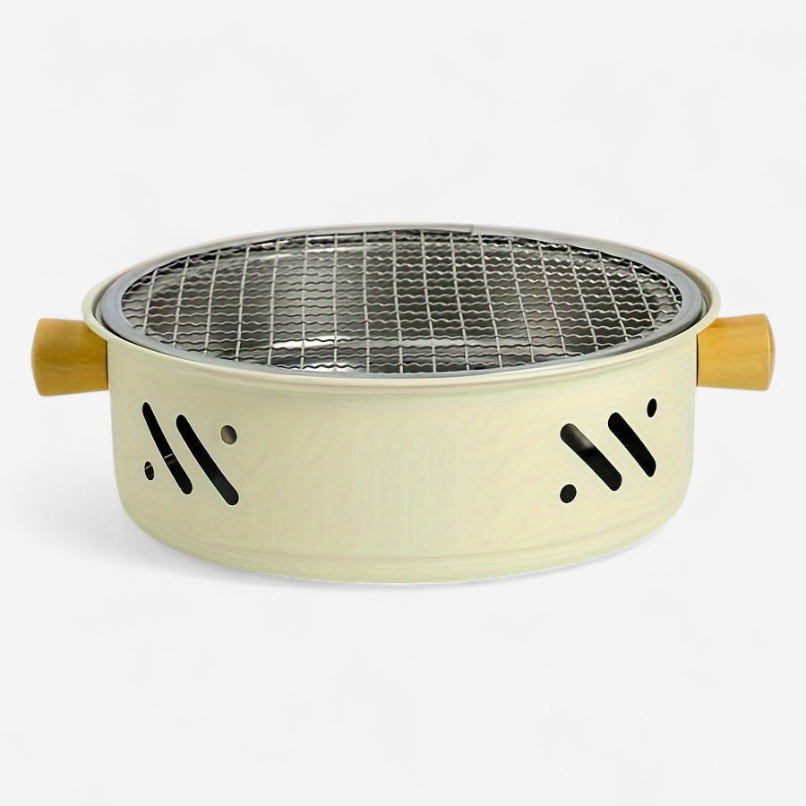 Compact Round Charcoal Grill | 28cm, Stainless Steel Grate, Wood Handles