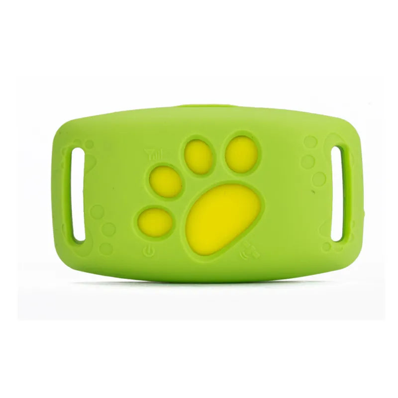 Green and yellow dog toy with paw print design on a white background