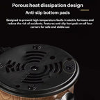 Black heat dissipation design with anti-slip bottom pads on a product, featuring text about its safety features.