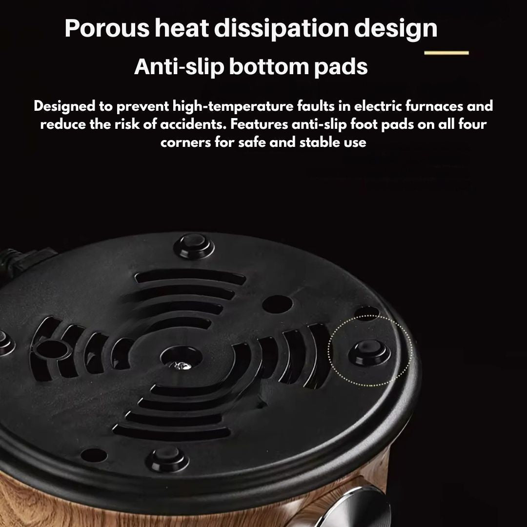 Black heat dissipation design with anti-slip bottom pads on a product, featuring text about its safety features.