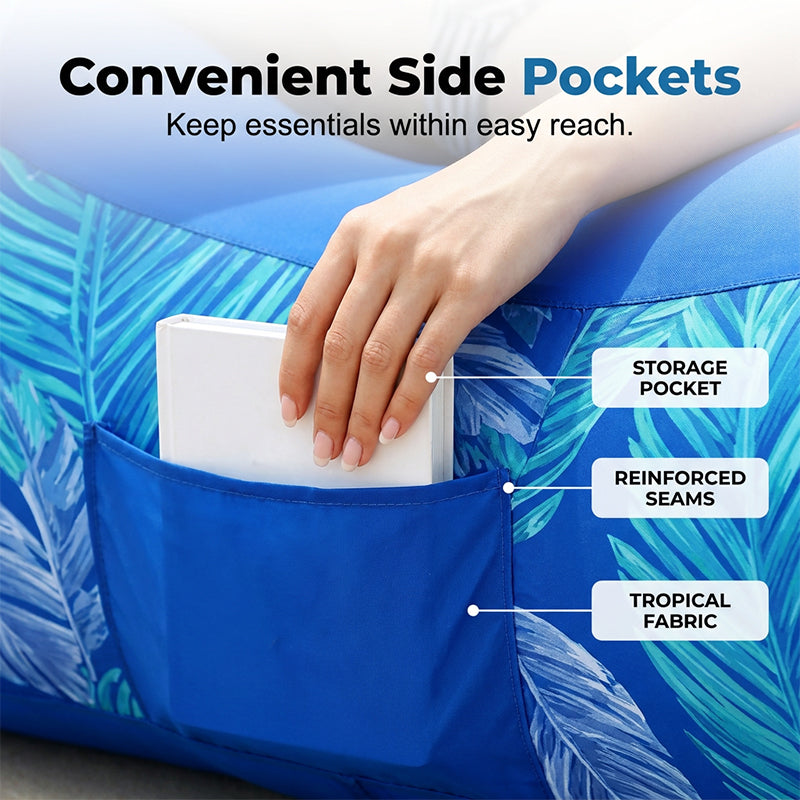Blue bag with a hand reaching into a side pocket, labeled 'Storage Pocket', 'Reinforced Seams', and 'Tropical Fabric'.