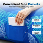Blue bag with a hand reaching into a side pocket, labeled 'Storage Pocket', 'Reinforced Seams', and 'Tropical Fabric'.
