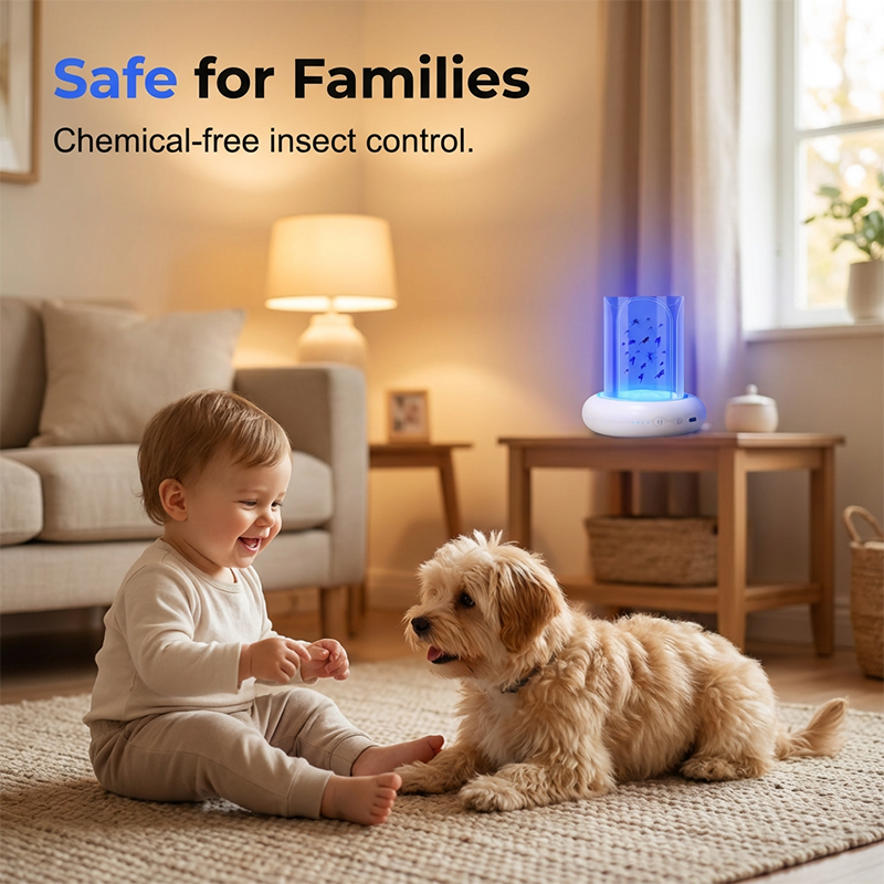 Child and dog in a living room with a device emitting blue light, labeled 'Safe for Families' and 'Chemical-free insect control'.
