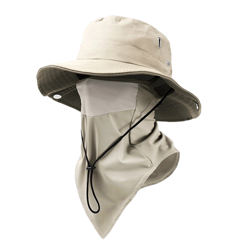 Beige bucket hat with neck flap on a white background