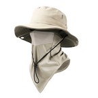 Beige bucket hat with neck flap on a white background