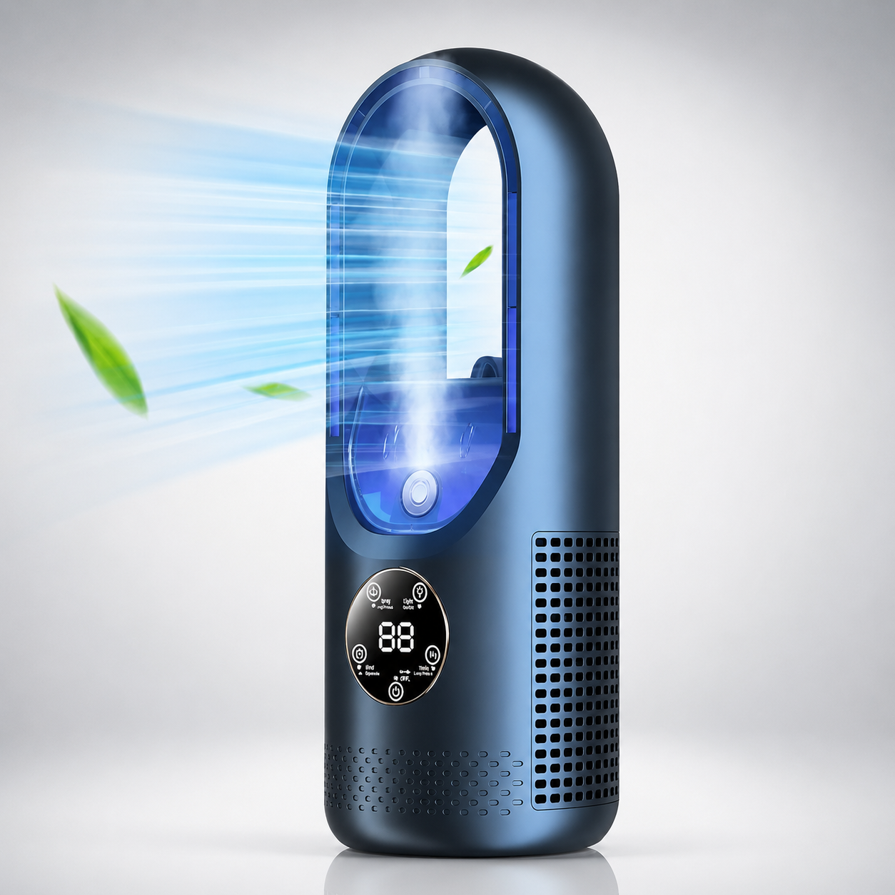 Blue air purifier with digital display on a light gray background