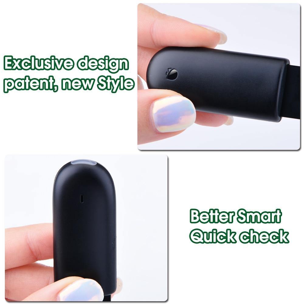 Black electronic device held in hands with text about exclusive design and quick check feature.