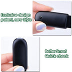 Black electronic device held in hands with text about exclusive design and quick check feature.