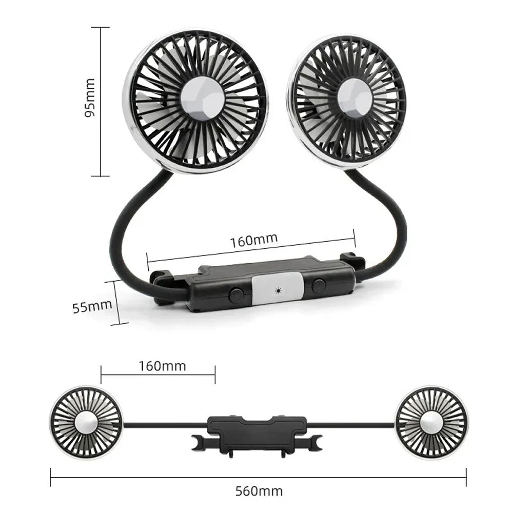 Black and silver dual-rotor fan with measurements on a white background