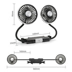 Black and silver dual-rotor fan with measurements on a white background