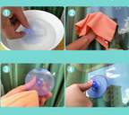 Step-by-step process of using a suction cup to clean a window.