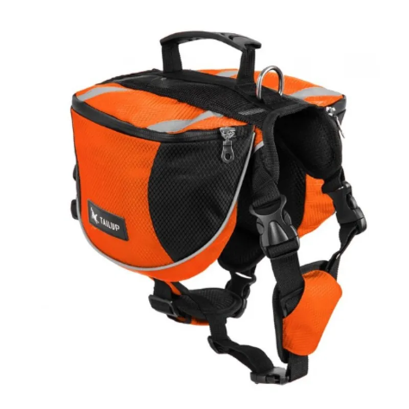 Orange and black dog backpack with reflective stripes on a white background