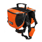 Orange and black dog backpack with reflective stripes on a white background