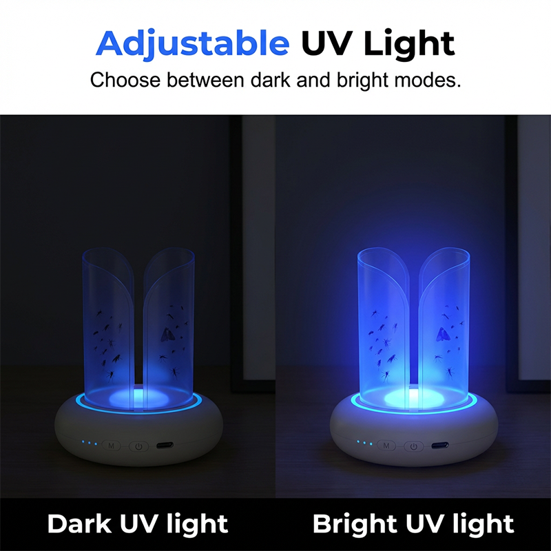Two adjustable UV lights showing dark and bright modes on a black background.