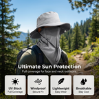 Person wearing a sun protection hat and face mask in a forest setting with text highlighting features.
