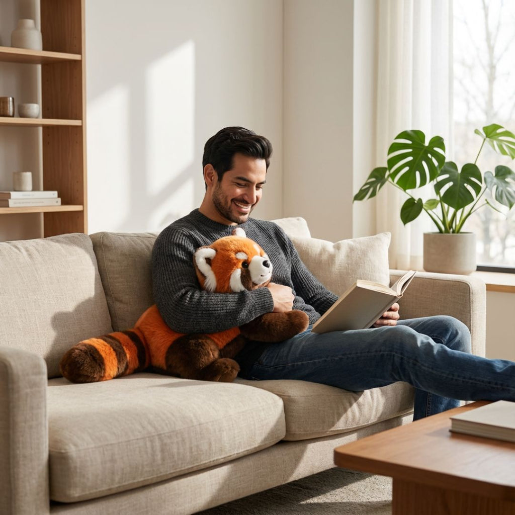 Man sitting on a couch with a plush toy and book, smiling in a bright living room.