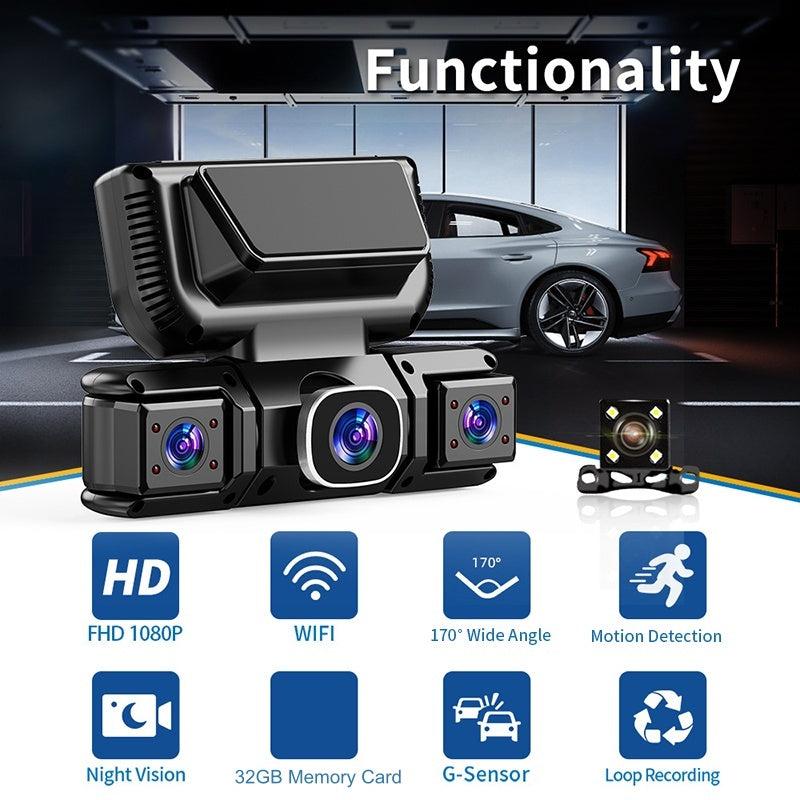 Car camera system with features highlighted on a dark background