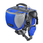 Blue and gray dog harness with a visible brand logo on a white background