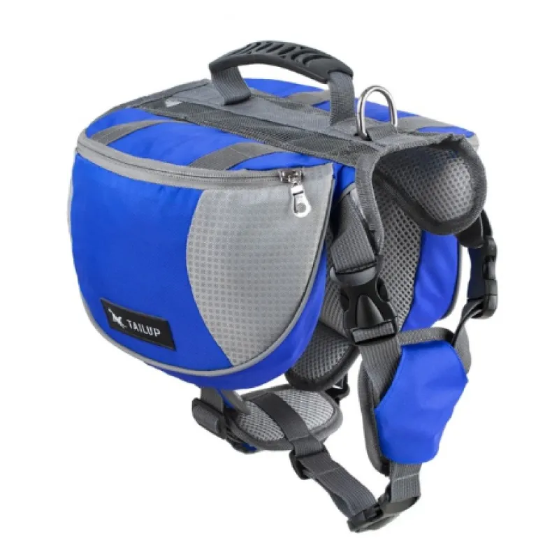 Blue and gray dog harness with a visible brand logo on a white background