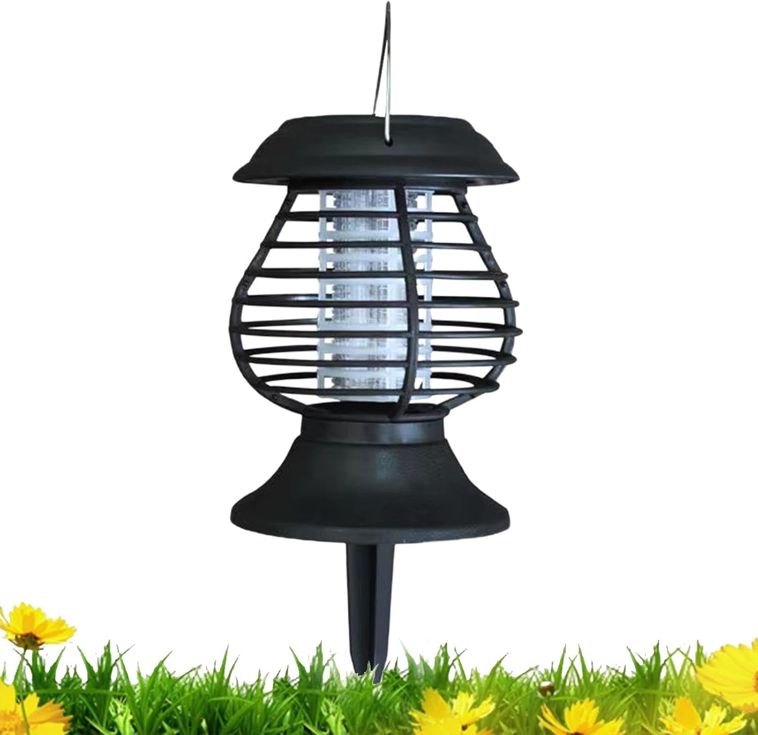 Black outdoor mosquito zapper with grass and flowers in the background